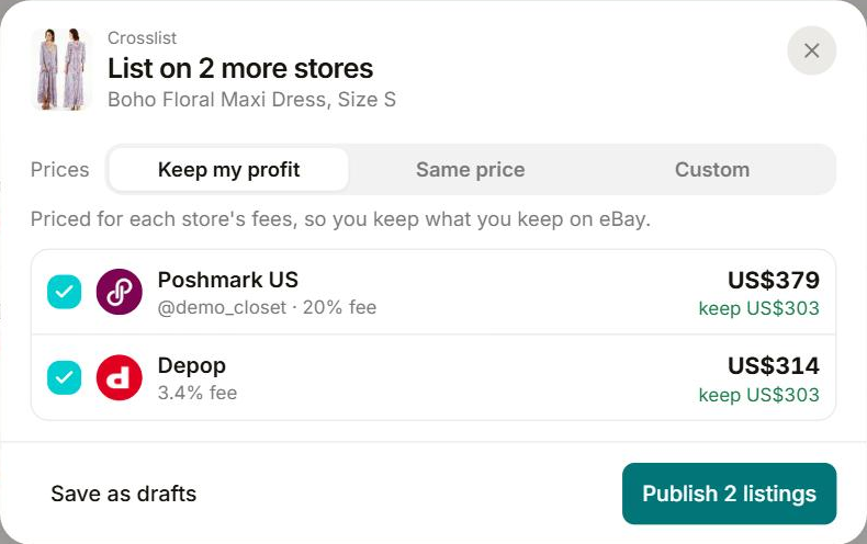 The crosslist window: one item, priced for Poshmark and Depop so you keep the same amount on each