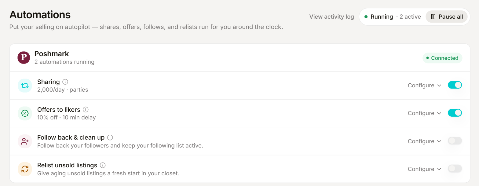 The Automations page: sharing and offers to likers switched on for Poshmark