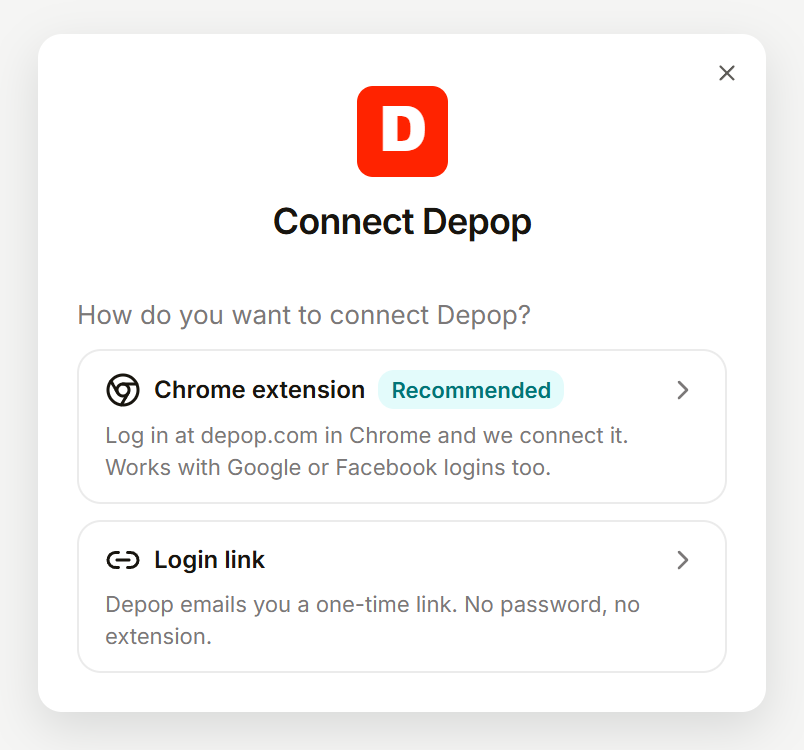 Connect Depop: choose Chrome extension (recommended) or Login link