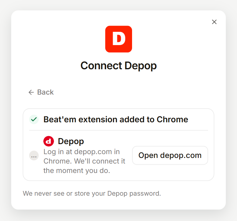 The extension checklist: extension added, then Open depop.com