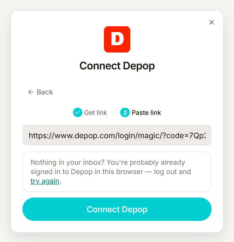 Login link, step 2: the link pasted, ready to Connect Depop